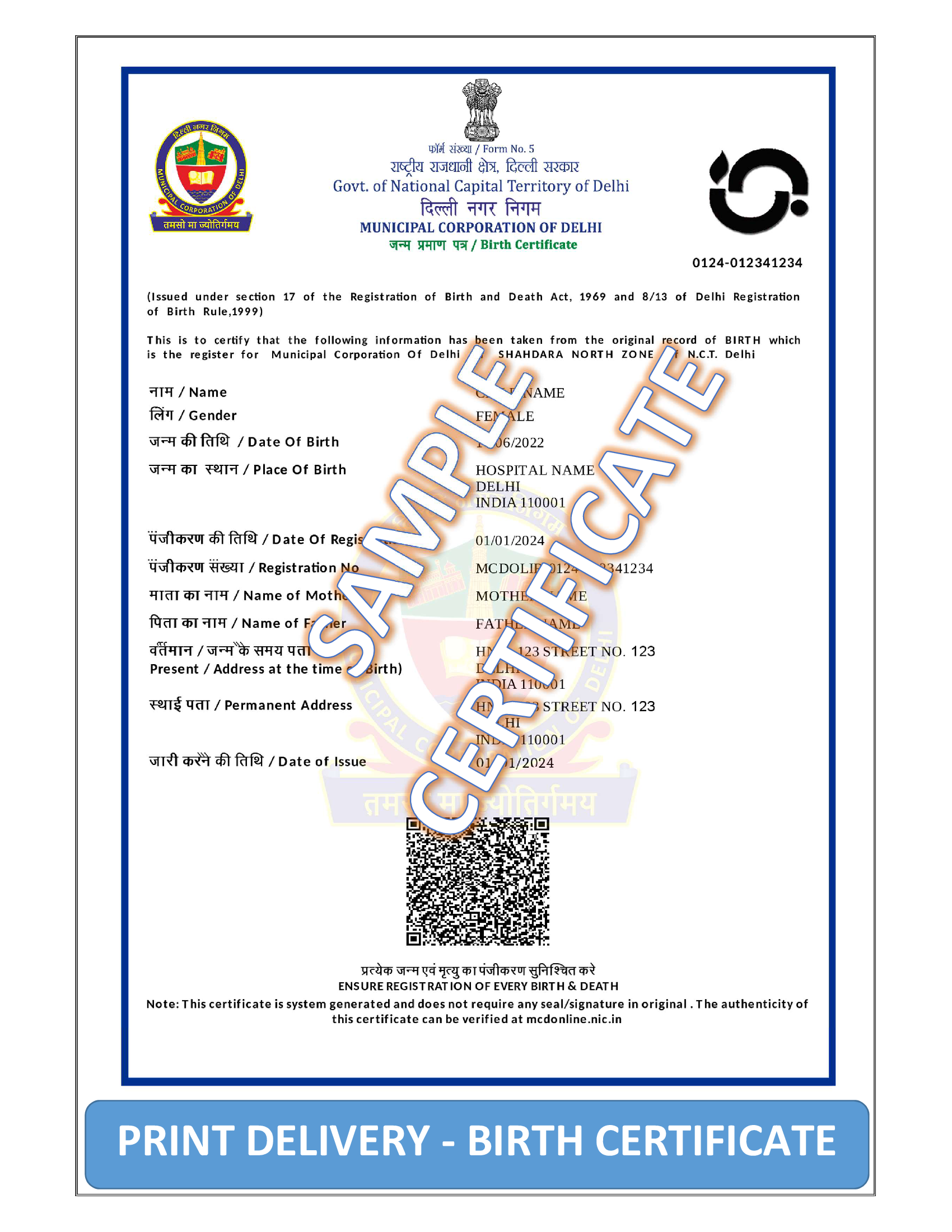 Home Delivery of Printed Birth Certificate with Lamination – Pro 